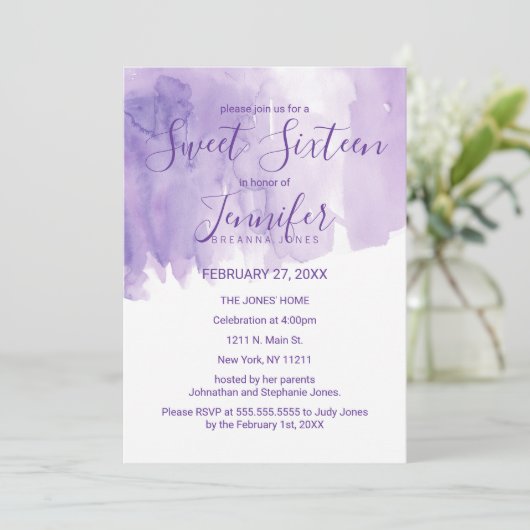 Lila Violett-Wasserfarbstoff-Splash Süß 16 Einladung (Stehend Vorderseite)