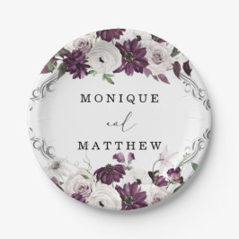 Lila Violett Weiße Rosen Silver Geometric Wedding Pappteller