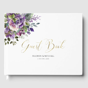 Lila Violette Aquarell-Blumenstrauß Goldschrift Gästebuch