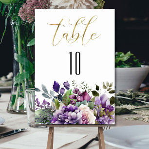 Lila Violette Aquarell-Blumenstrauß Goldschrift  Tischnummer