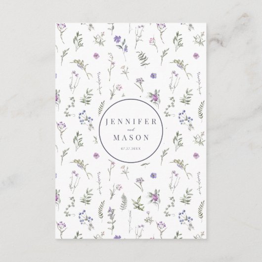 Lila violette Blume blüht Hochzeitsdetails Begleitkarte (Rückseite)