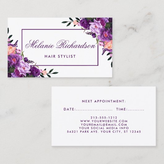 Lila violette Blumenhaar-Stylist-Verabredung P Terminkarte (Vorne/Hinten)