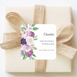 Lila violette florale Geburtstag Quadratischer Aufkleber