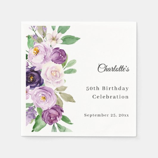 Lila violette florale Geburtstagsfeier Serviette (Vorderseite)