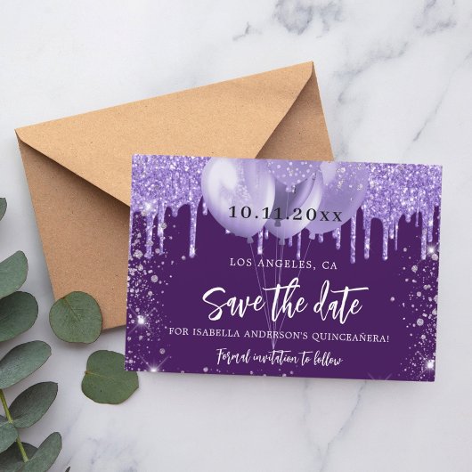 Lila violette Glitzern-Ballons aus Quinceanera Save The Date