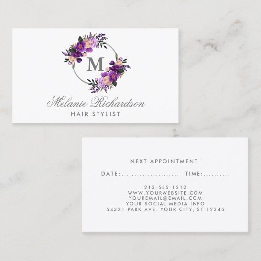 Lila violette Haar-Stylist-mit Blumenverabredung M Terminkarte (Vorne/Hinten)