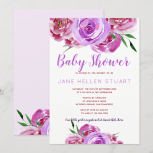 Lila-violette-mauve-Pfingstrosen-Strauß Baby Showe Einladung