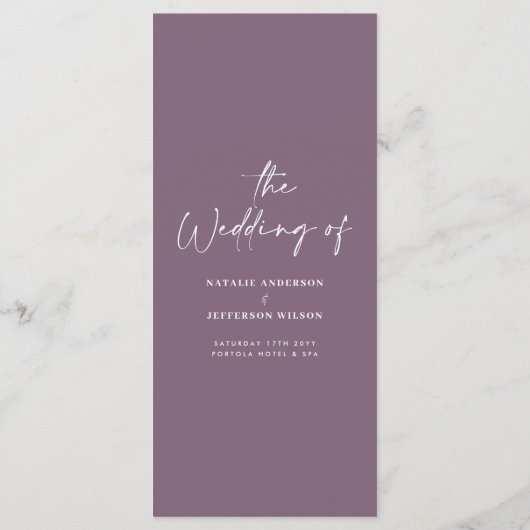 Lila violette, moderne, schlichte Hochzeit Menükarte (Rückseite)