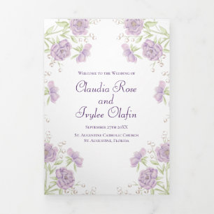 Lila violette Rosen Hochzeitsprogramme Dreifach-gefaltete Programmkarte