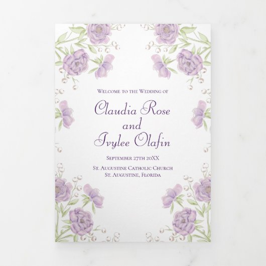 Lila violette Rosen Hochzeitsprogramme Dreifach-gefaltete Programmkarte (Cover)