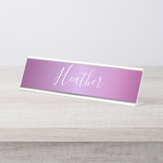 Lila Violette und benutzerdefiniertes weißes Skrip Schreibtischnamensplakette (Vorderseite )