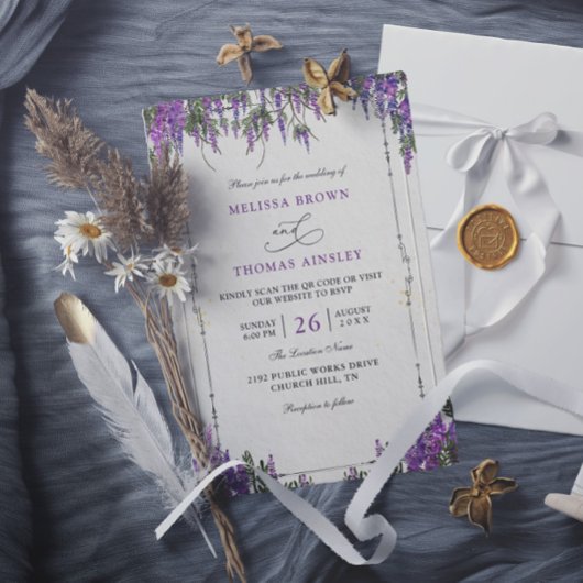 Lila Violette Wasserfarbe Budget QR Code Hochzeit Einladung