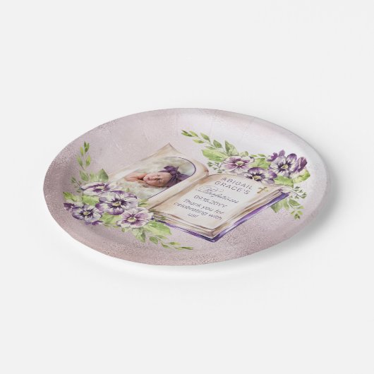 Lila Violetten Arched Foto Einzigartige Taufe Pappteller (Schrägansicht)