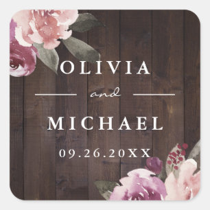 Lila violetter Maulbeerblüten-Rustikal-Holze-Hochz Quadratischer Aufkleber