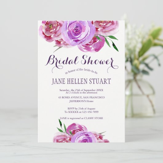 Lila violettes Brautparty Einladung (Stehend Vorderseite)