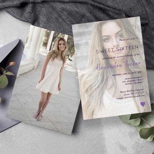 Lila violettes Foto 16 . Geburtstag Einladung