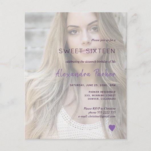 Lila violettes Foto 16 . Geburtstag laden ein (Vorderseite)