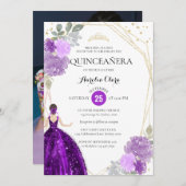 Lila violettes geometrisches FotoQuinceñera Einladung (Vorne/Hinten)