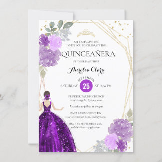 Lila violettes geometrisches FotoQuinceñera Einladung