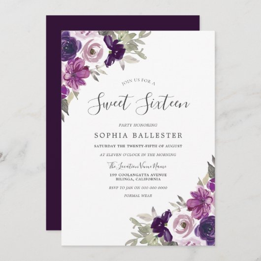 Lila Violettfarben Blume Sweet 16 Party Einladung (Vorne/Hinten)