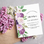 Lila Violettflorieren Budget Geburtstagseinladung<br><div class="desc">Violett,  lavendelfarbener Hintergrund und Bogenrahmen. Die Einrichtung ist mit violetten und lila Blume und Pflanzen in Aquarellen gestaltet. Personalisieren Sie Ihren Namen und Ihre Party-Daten und fügen Sie diese hinzu. 1 Blatt = 1 Einladung mit Druckkante bis Kante.</div>