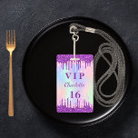 Lila VIP-Einladung zum Glitzer des Geburtstagsrege Ausweis<br><div class="desc">Für eine süße 16,  16. (oder jedes Alter) Geburtstagsfeier. Ein angesagter holografischer Hintergrund in den Farben der Regenbogenpastellfarben in Rosa,  lila,  Rose Gold,  Minzgrün. Dekoriert mit Imitaten Glitzer Tropfen,  Farbe Tropfausdruck aussehen. Personalisieren und fügen Sie einen Namen und Alter 16. Lila Buchstaben. Zurück: Ihre Party-Details.</div>