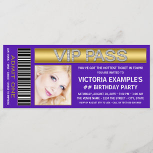 Lila VIP-Pass-Eintrittskarte Geburtstagsfeier Einladung