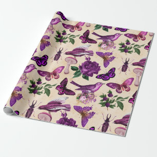Lila Vögel Schmetterlinge und Pilze Geschenkpapier