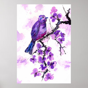 Lila Vögel und Blüten Poster