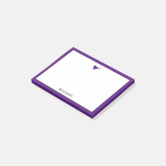 Lila Vogel und weißer Rand mit Name Post-it Klebezettel (angewinkelt)