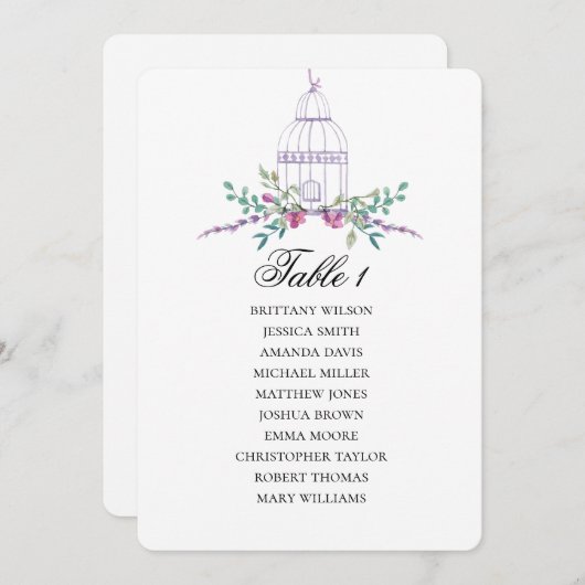 Lila Vogelkäfig-Sitzkarte. Hochzeitsplan Einladung (Vorne/Hinten)