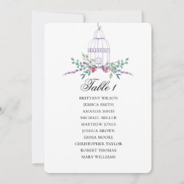 Lila Vogelkäfig-Sitzkarte. Hochzeitsplan Einladung