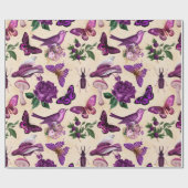 Lila Vogelschmetterlinge und Pilze Geschenkpapier (Flach)