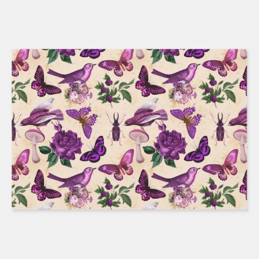 Lila Vogelschmetterlinge und Pilze Geschenkpapier Set (Vorderseite 3)