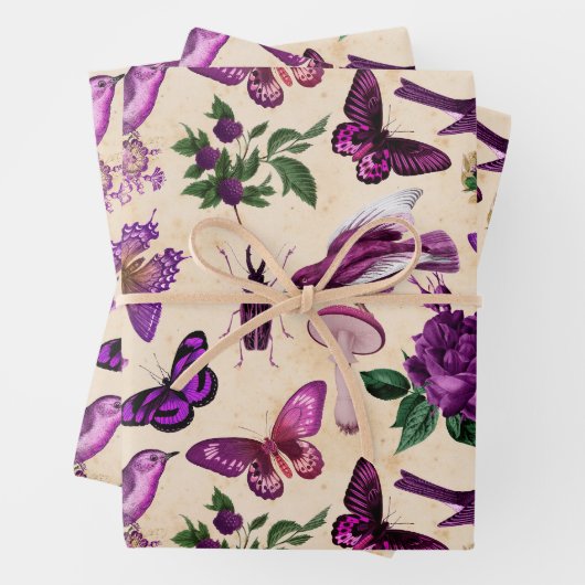 Lila Vogelschmetterlinge und Pilze Geschenkpapier Set (Beispiel)