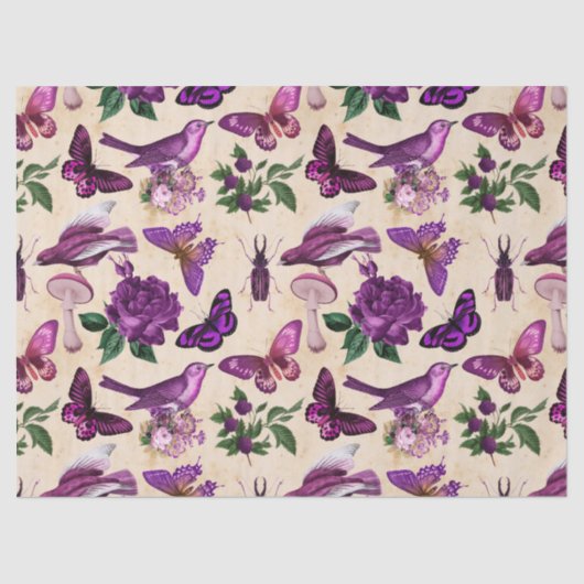 Lila Vogelschmetterlinge und Pilze Seidenpapier (Vorderseite)