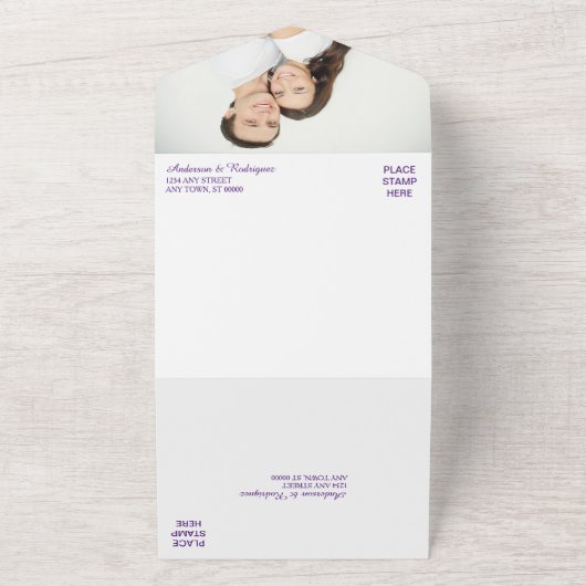 Lila Vorzeitszange mit Silberleder Swirl All In One Einladung (Außenbereich)