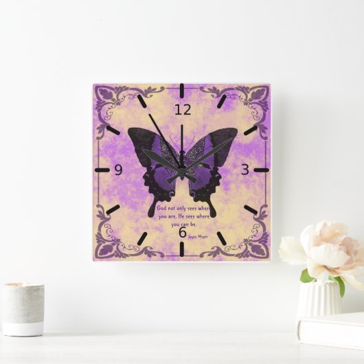 Lila Wand-Uhr-Schwarz-Butterfly-Sprichwort Quadratische Wanduhr (Zuhause)