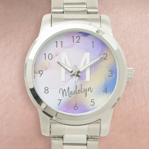 Lila Wasserfarbe Abstrakt Girly Luxe Monogram Armbanduhr