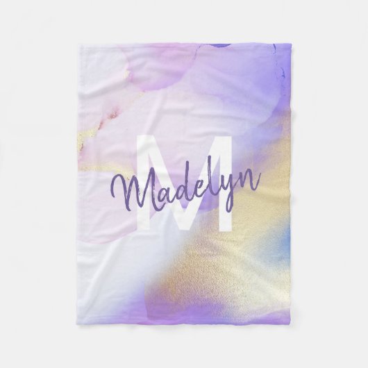 Lila Wasserfarbe Abstrakt Girly Luxe Monogram Fleecedecke (Vorderseite)