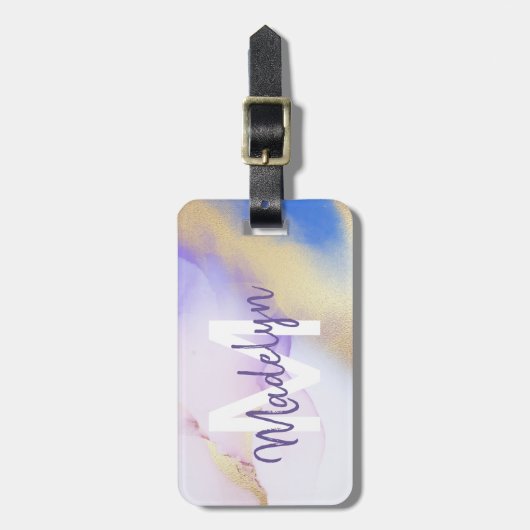 Lila Wasserfarbe Abstrakt Girly Luxe Monogram Gepäckanhänger (Vorderseite vertikal)