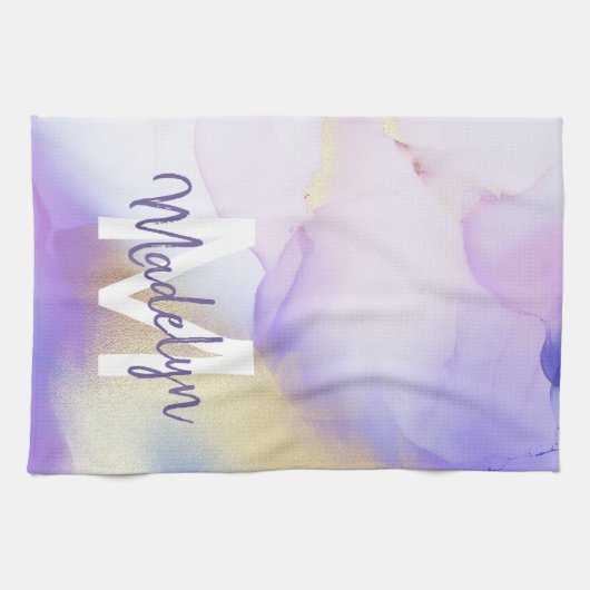Lila Wasserfarbe Abstrakt Girly Luxe Monogram Geschirrtuch (Horizontal)