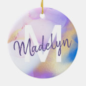 Lila Wasserfarbe Abstrakt Girly Luxe Monogram Keramik Ornament (Hinten)