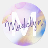 Lila Wasserfarbe Abstrakt Girly Luxe Monogram Runder Aufkleber (Vorderseite)