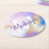 Lila Wasserfarbe Abstrakt Girly Luxe Monogram Runder Pappuntersetzer (Angewinkelt)