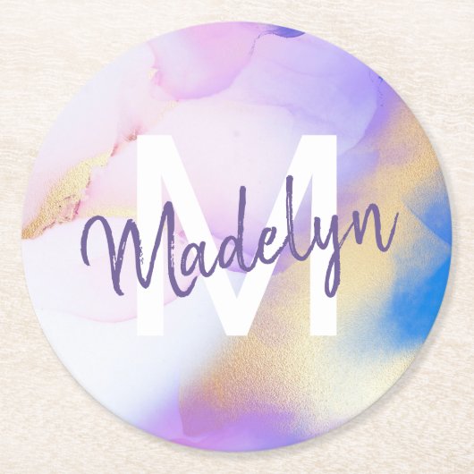 Lila Wasserfarbe Abstrakt Girly Luxe Monogram Runder Pappuntersetzer (Vorderseite)