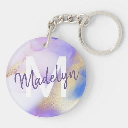 Lila Wasserfarbe Abstrakt Girly Luxe Monogram Schlüsselanhänger (Rückseite)