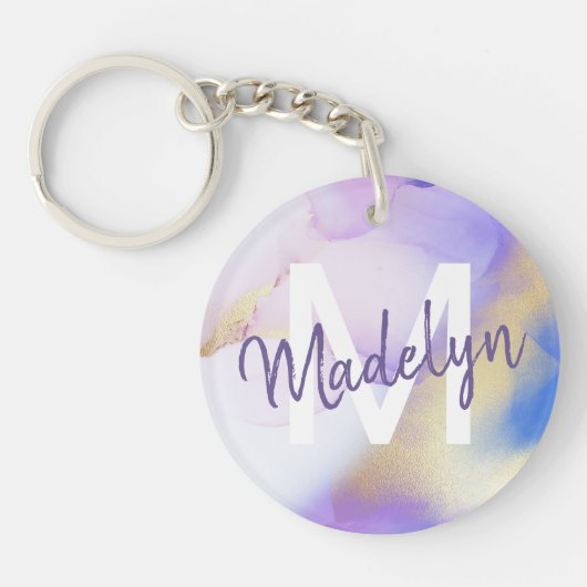 Lila Wasserfarbe Abstrakt Girly Luxe Monogram Schlüsselanhänger (Vorderseite)