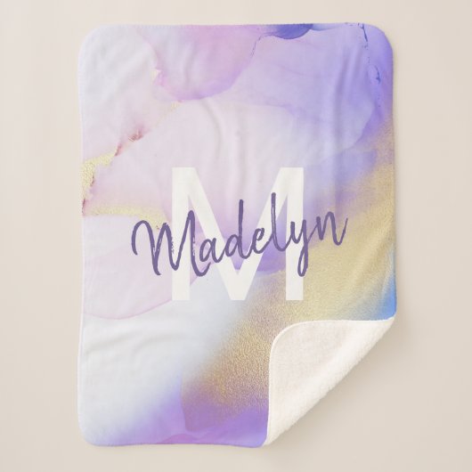 Lila Wasserfarbe Abstrakt Girly Luxe Monogram Sherpadecke (Vorderseite)