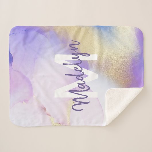 Lila Wasserfarbe Abstrakt Girly Luxe Monogram Sherpadecke (Vorderseite (Horizontal))